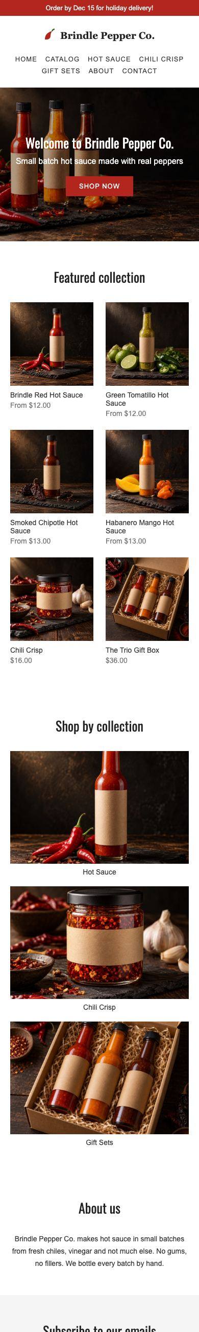Brindle Pepper Co. homepage, before, on a phone