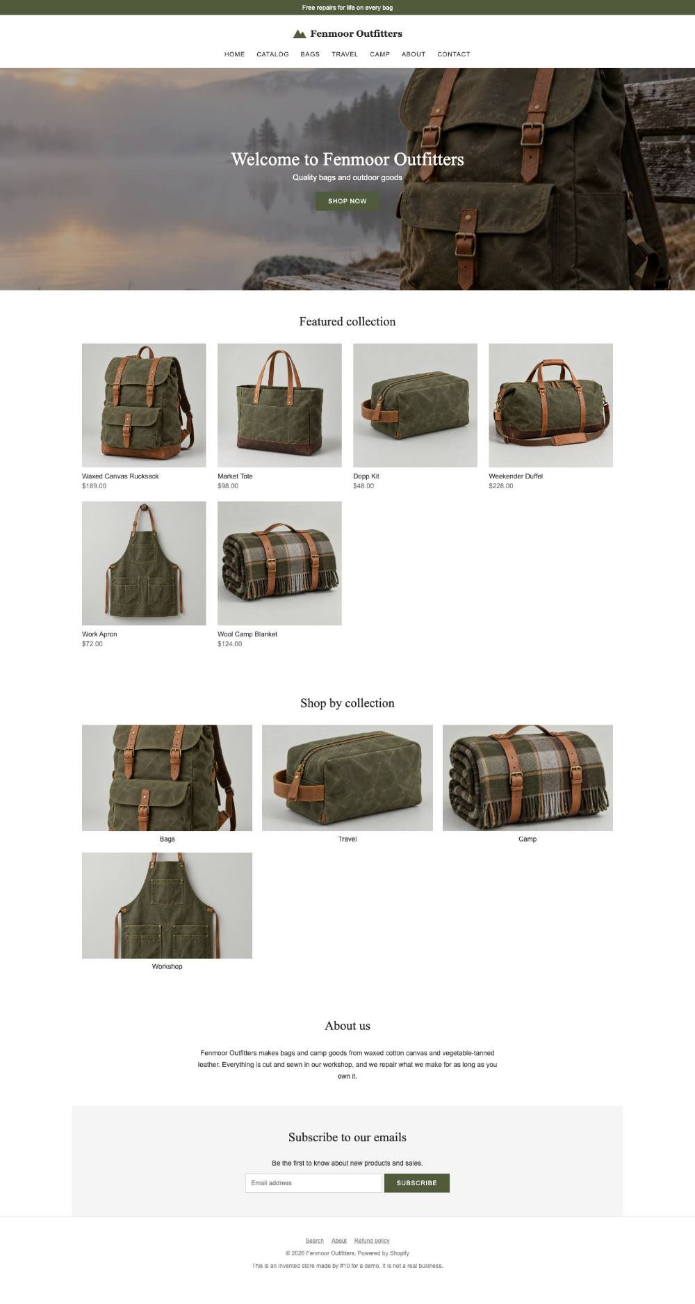 Fenmoor Outfitters homepage, before, at laptop width