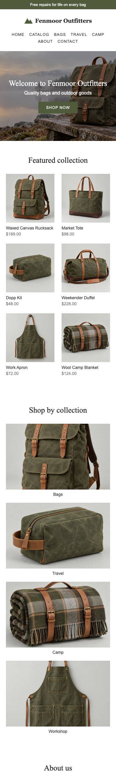 Fenmoor Outfitters homepage, before, on a phone