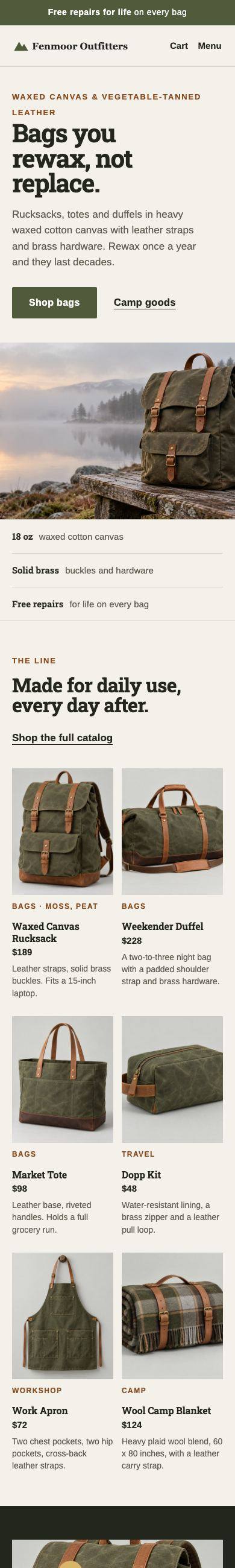 Fenmoor Outfitters homepage, after, on a phone