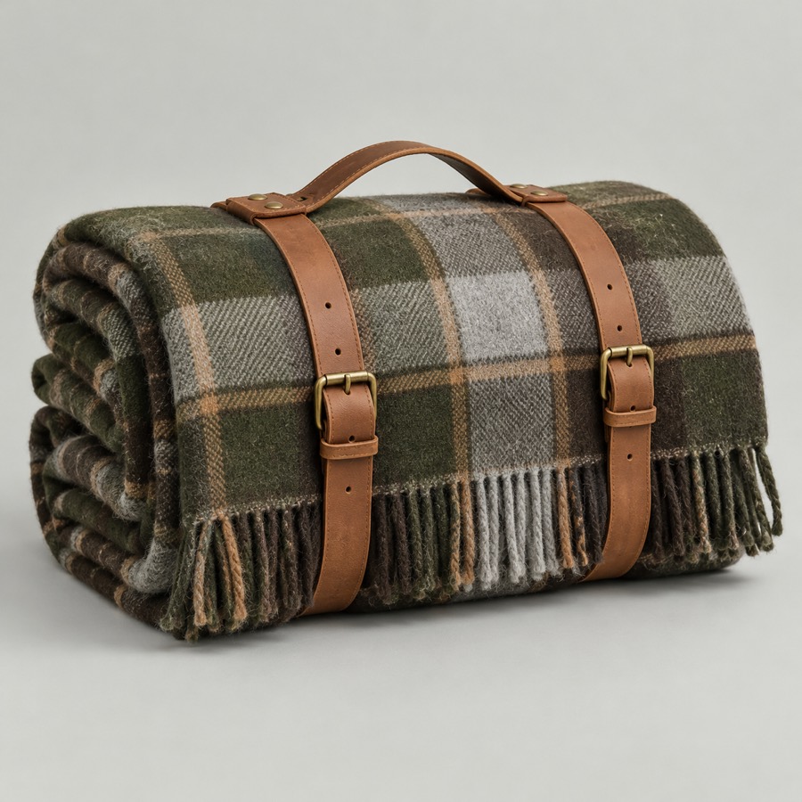 Plaid Wool Camp Blanket rolled with a leather carry strap