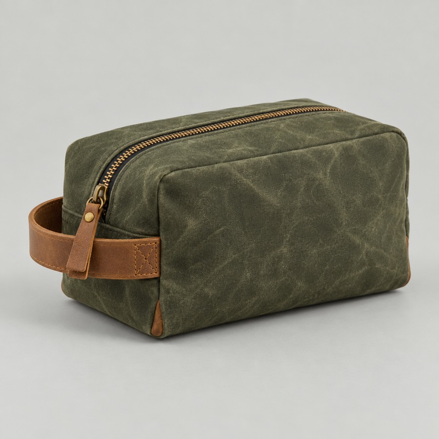 Waxed canvas Dopp Kit with brass zipper and leather pull loop