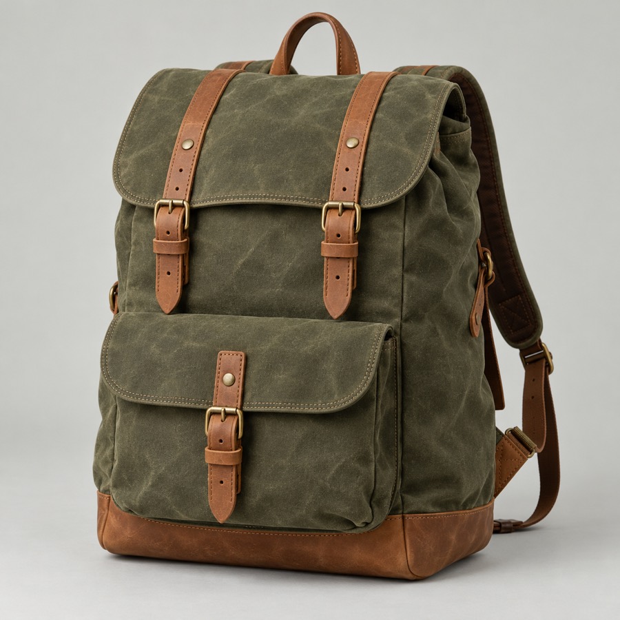 Waxed Canvas Rucksack with leather straps and brass buckles