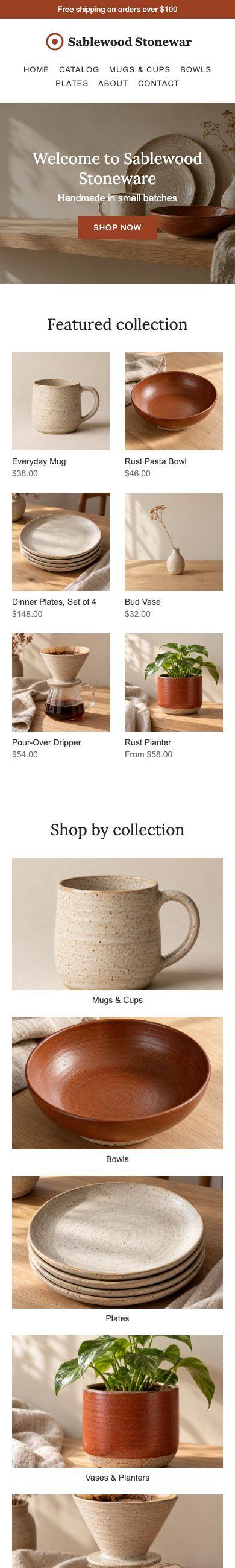 Sablewood Stoneware homepage, before, on a phone