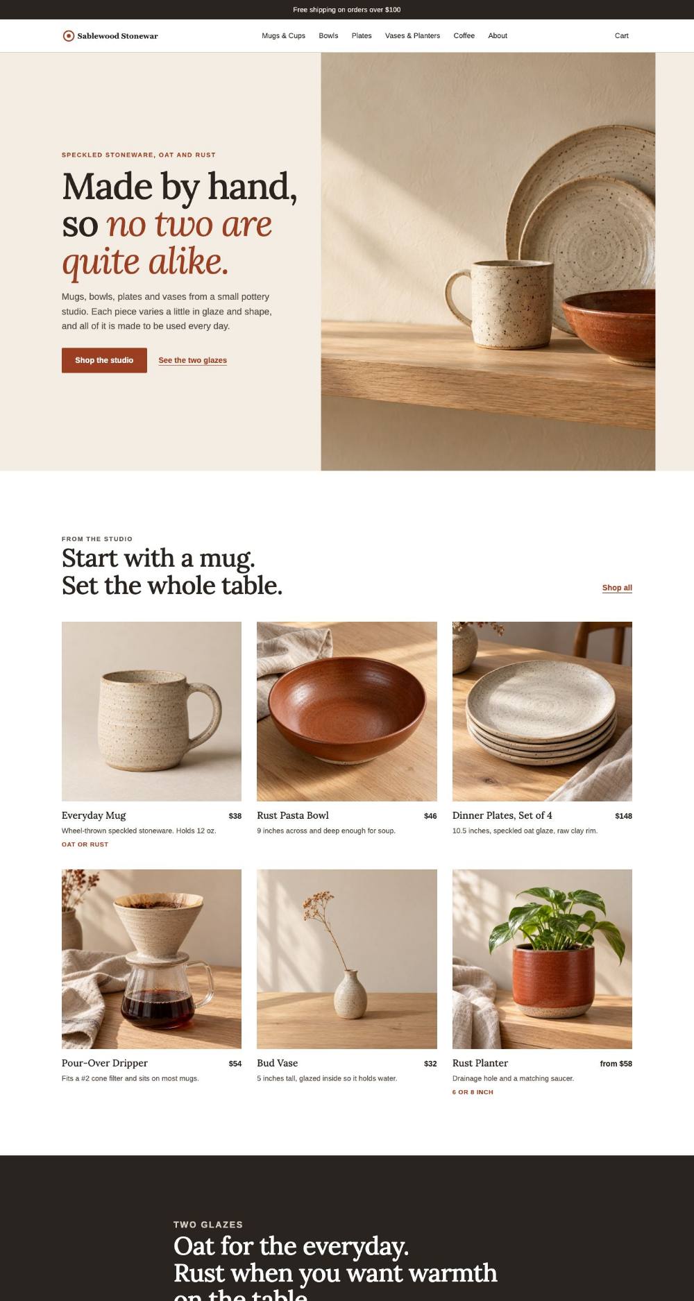 Sablewood Stoneware homepage, after, at laptop width