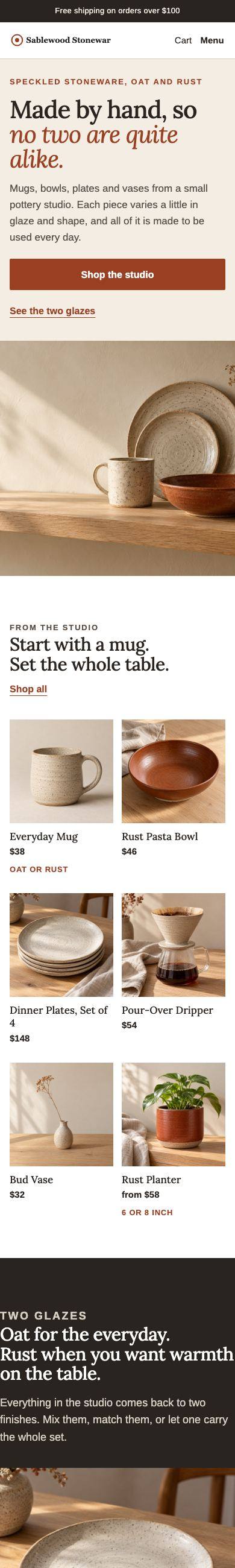 Sablewood Stoneware homepage, after, on a phone