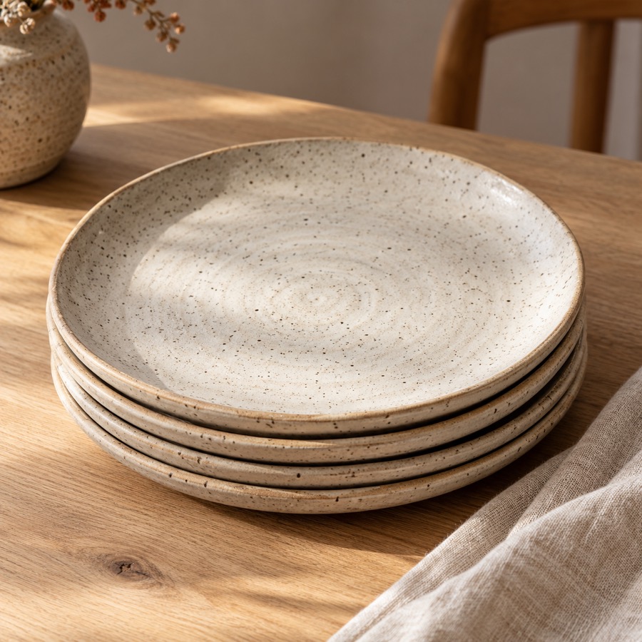 Dinner Plates, set of four in speckled oat glaze with raw clay rim